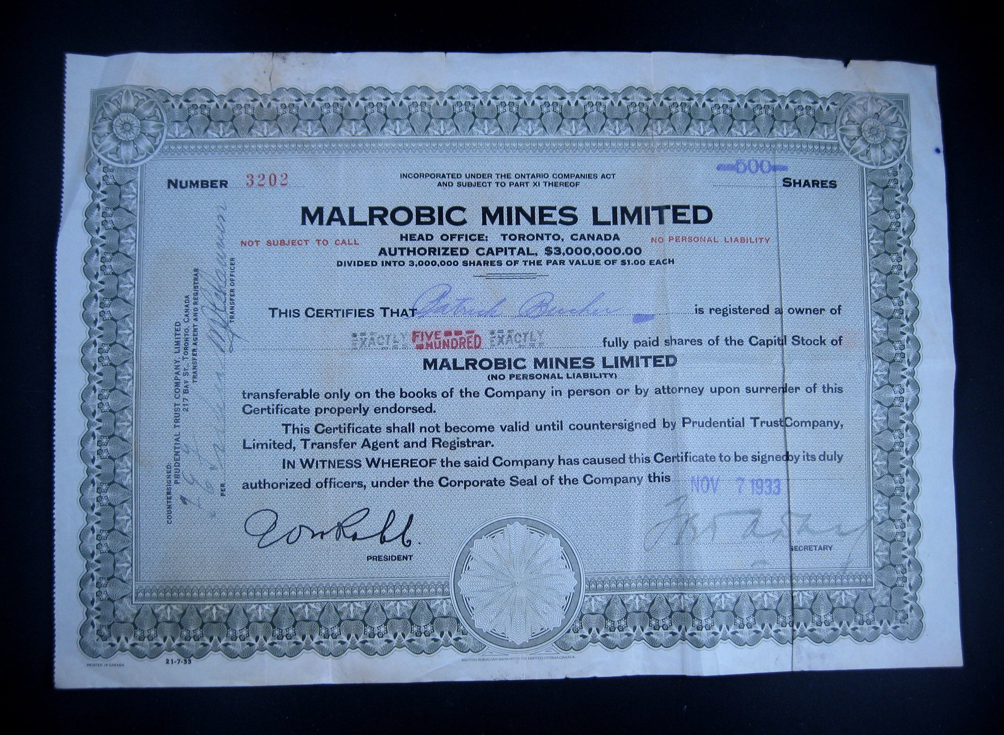 1933 stock certificate Malrobic Mines