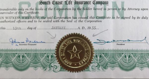 Stock certificate South Coast Life Insurance Texas (1955)