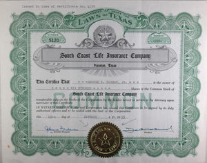Stock certificate South Coast Life Insurance Texas (1955)