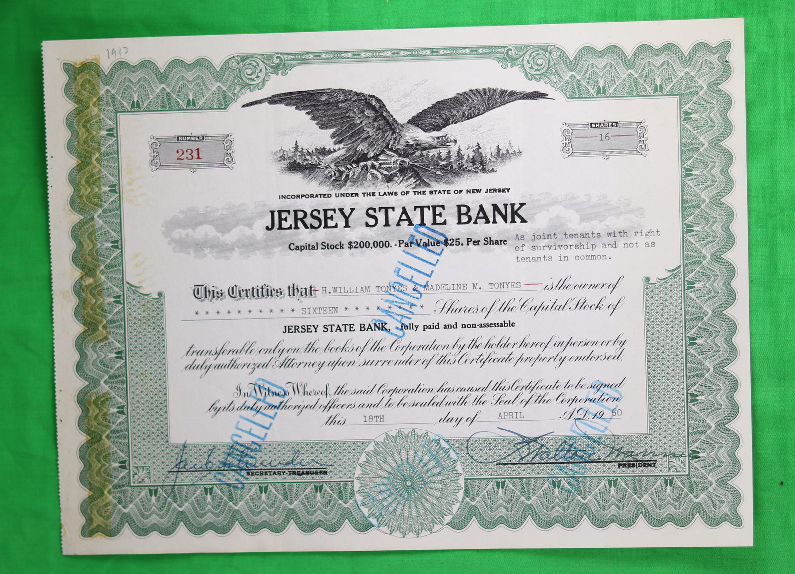 Stock certificate of Jersey State Bank (1960)