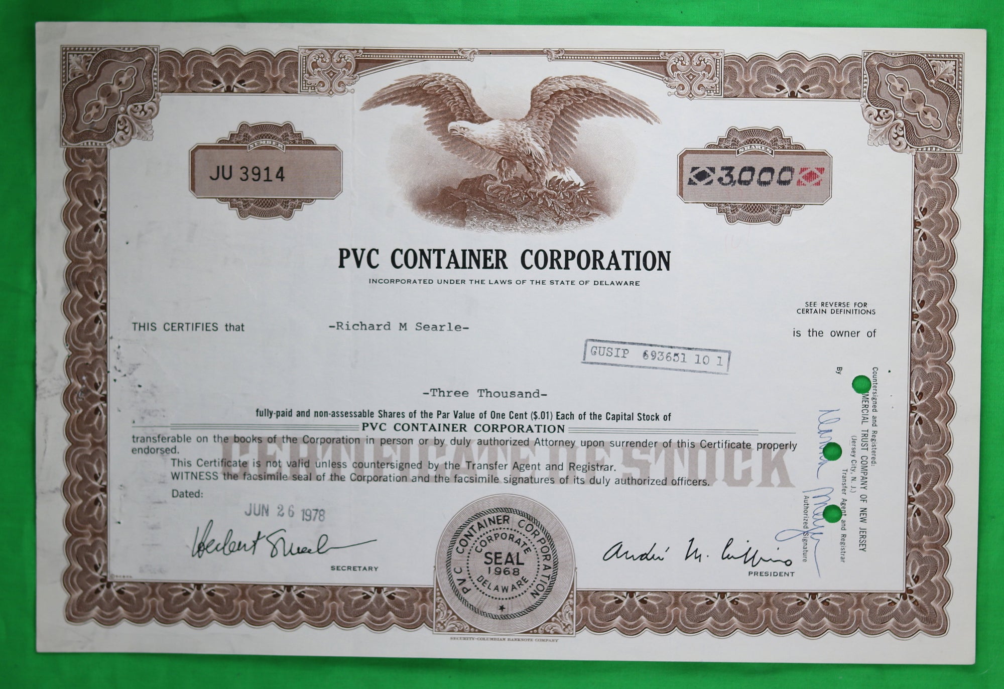 Stock certificate of PVC Container Corp (1978)