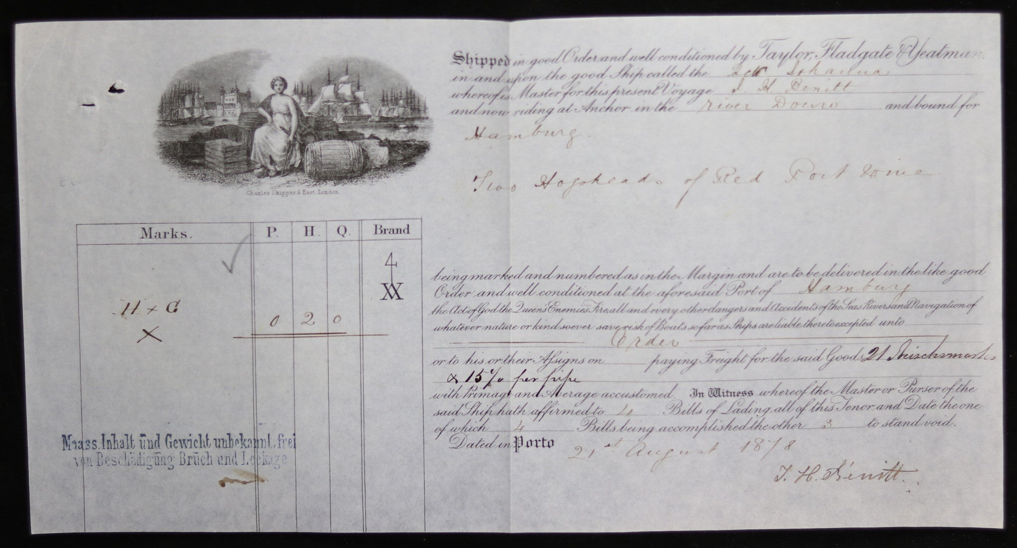 Taylor Fladgate Yeatman bill of lading 1878 (Port) Taylor Fladgate Yeatman bill of lading 1878 (Port)