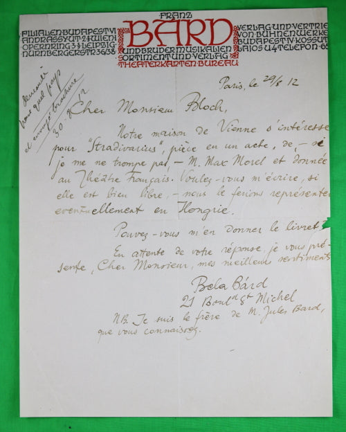 Théâtre-Français : lettre de Bela Bàrd à Bloch 1912