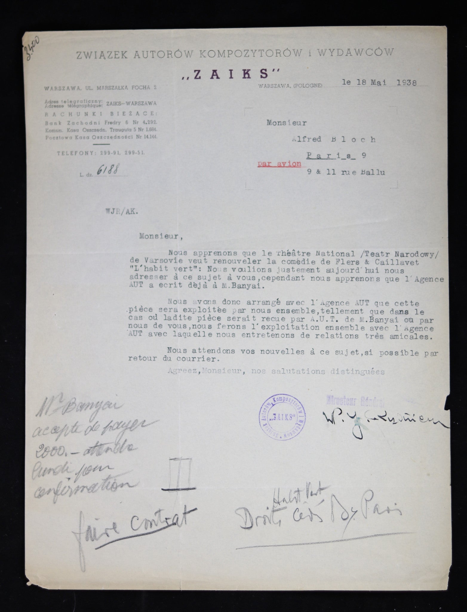 Théâtre-Français : lettre du Zwiazek Autorow Kompozytorow "ZAIKS" (Varsovie) à Alfred Bloch (Paris) 1938