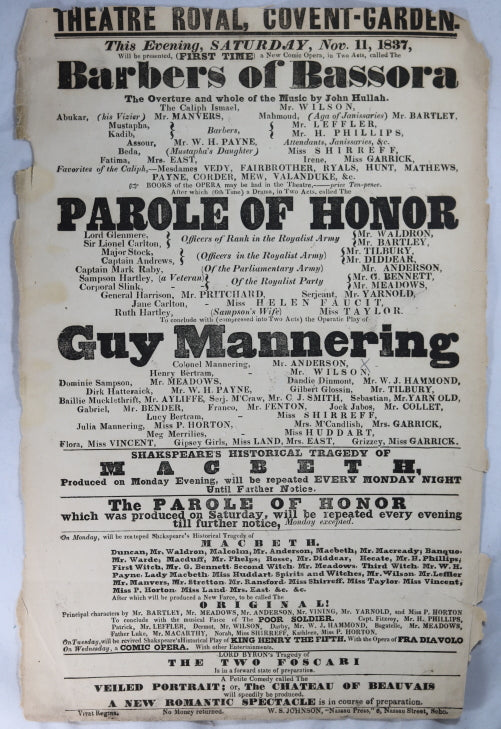 Theatre Royal Covent Garden (London) playbill November 11, 1837