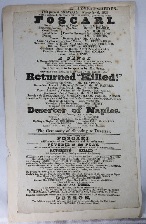 Theatre Royal Covent Garden (London) playbill November 6, 1826