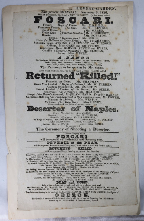 Theatre Royal Covent Garden (London) playbill November 6, 1826