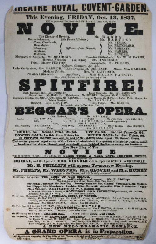 Theatre Royal Covent Garden (London) playbill October 13, 1837