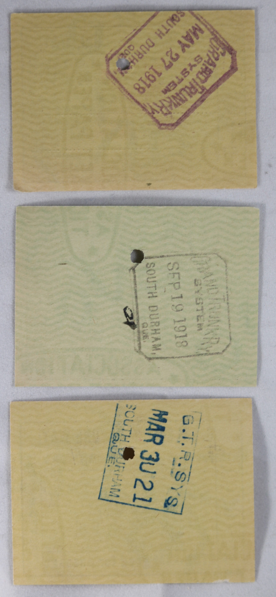 Three GTR ticket stubs from South Durham PQ (1918 and 1921)