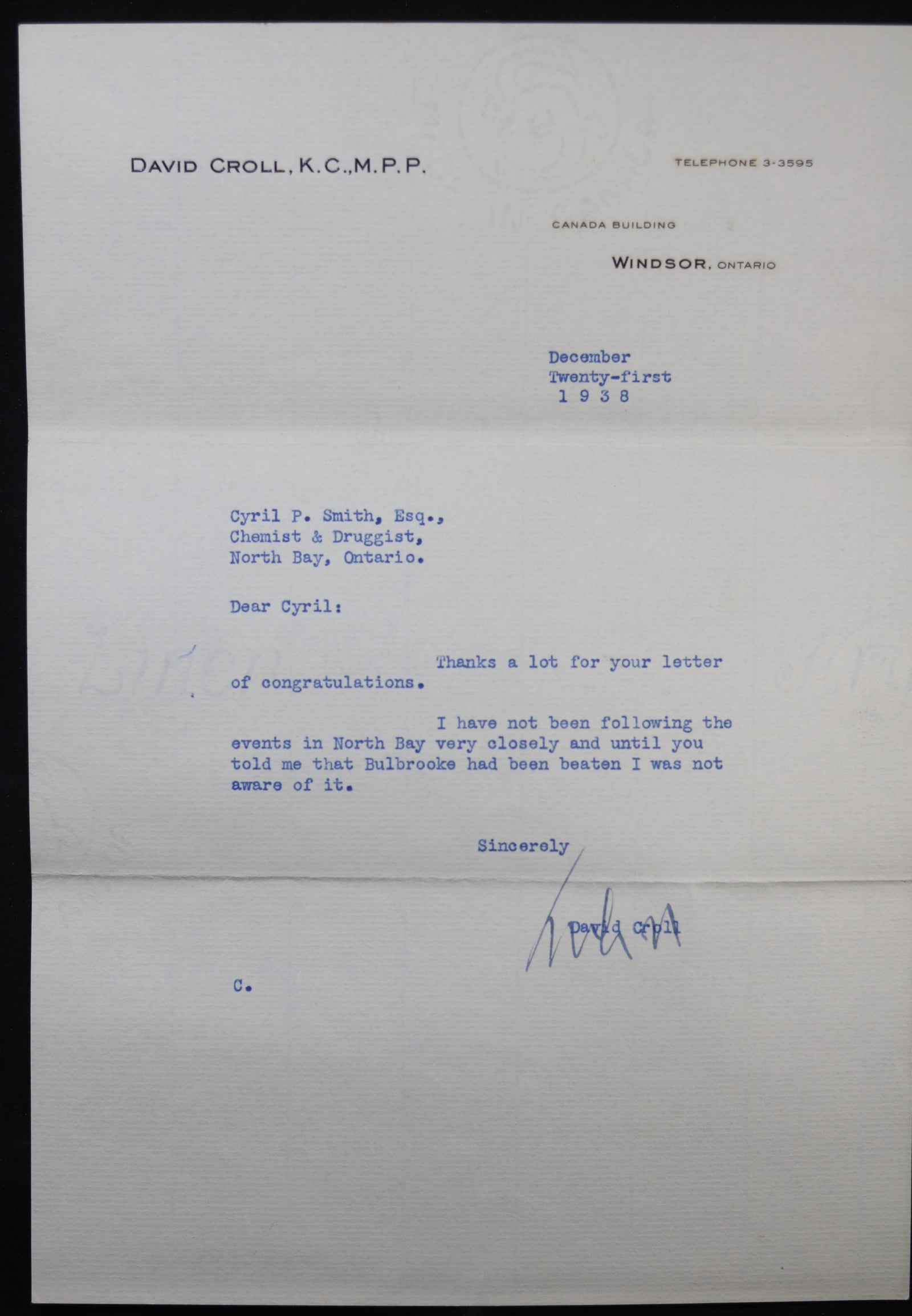 Three political letters David Croll MPP to North Bay (Ontario) 1934-38