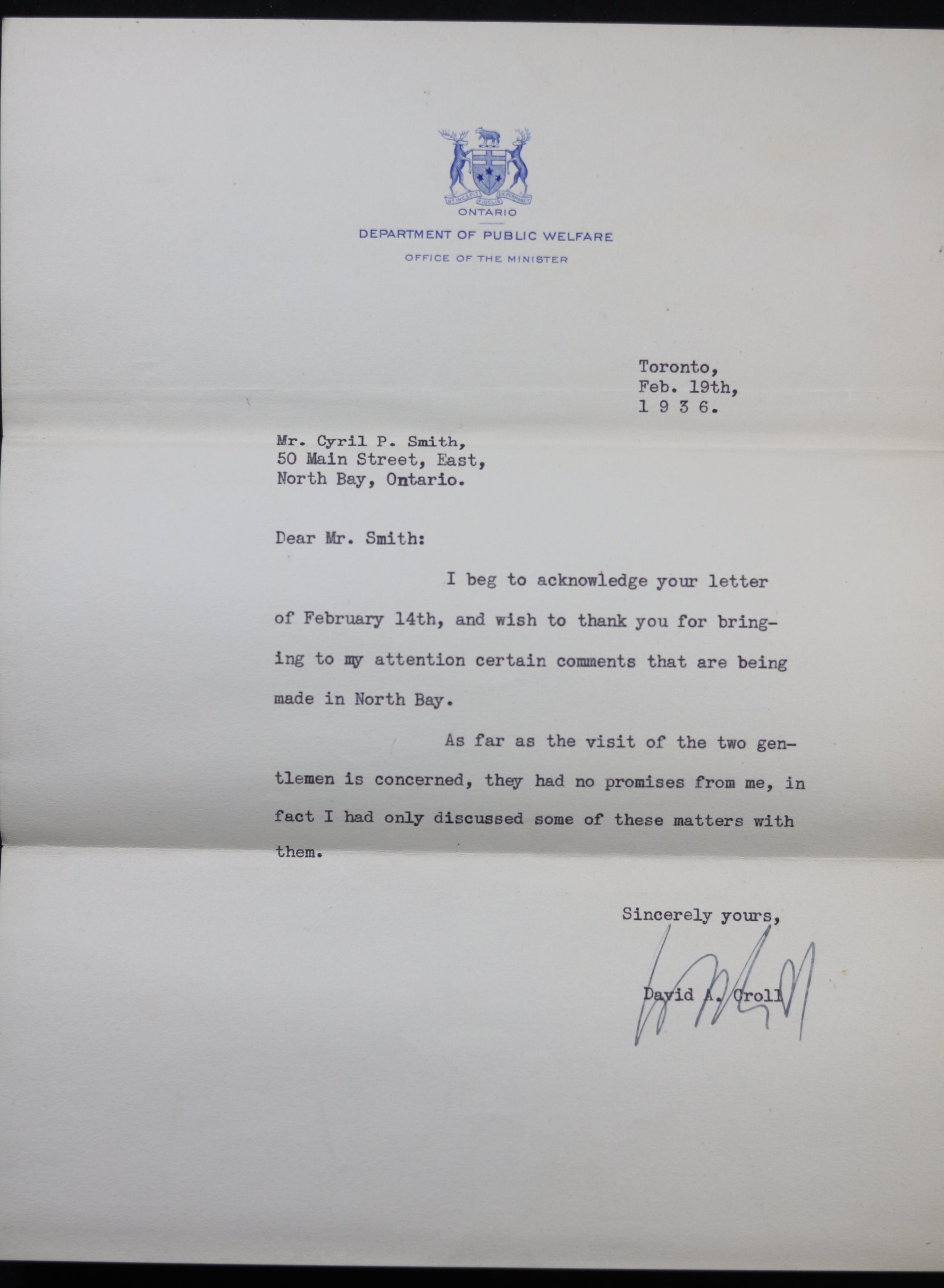 Three political letters David Croll MPP to North Bay (Ontario) 1934-38
