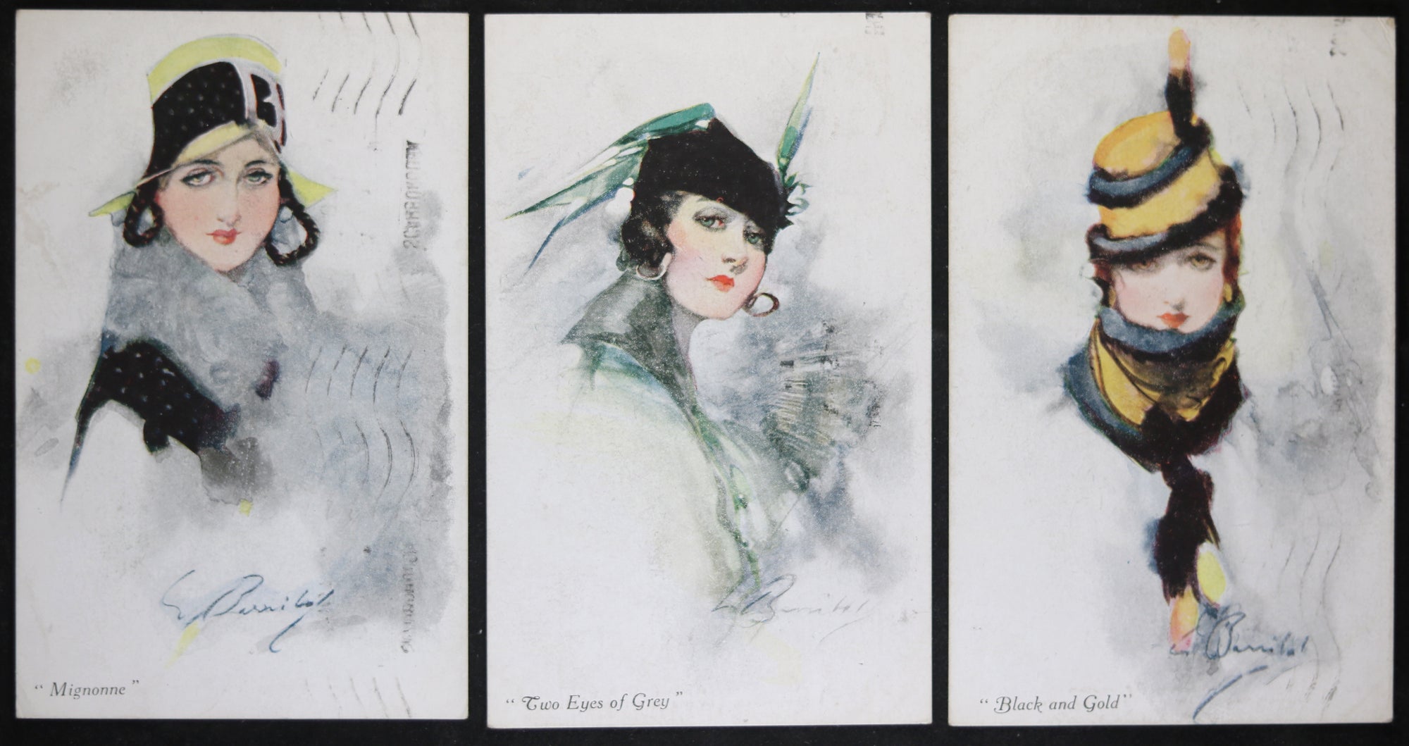 Three postcards glamorous ladies by Barribal, Vivian Mansell Co. 1923