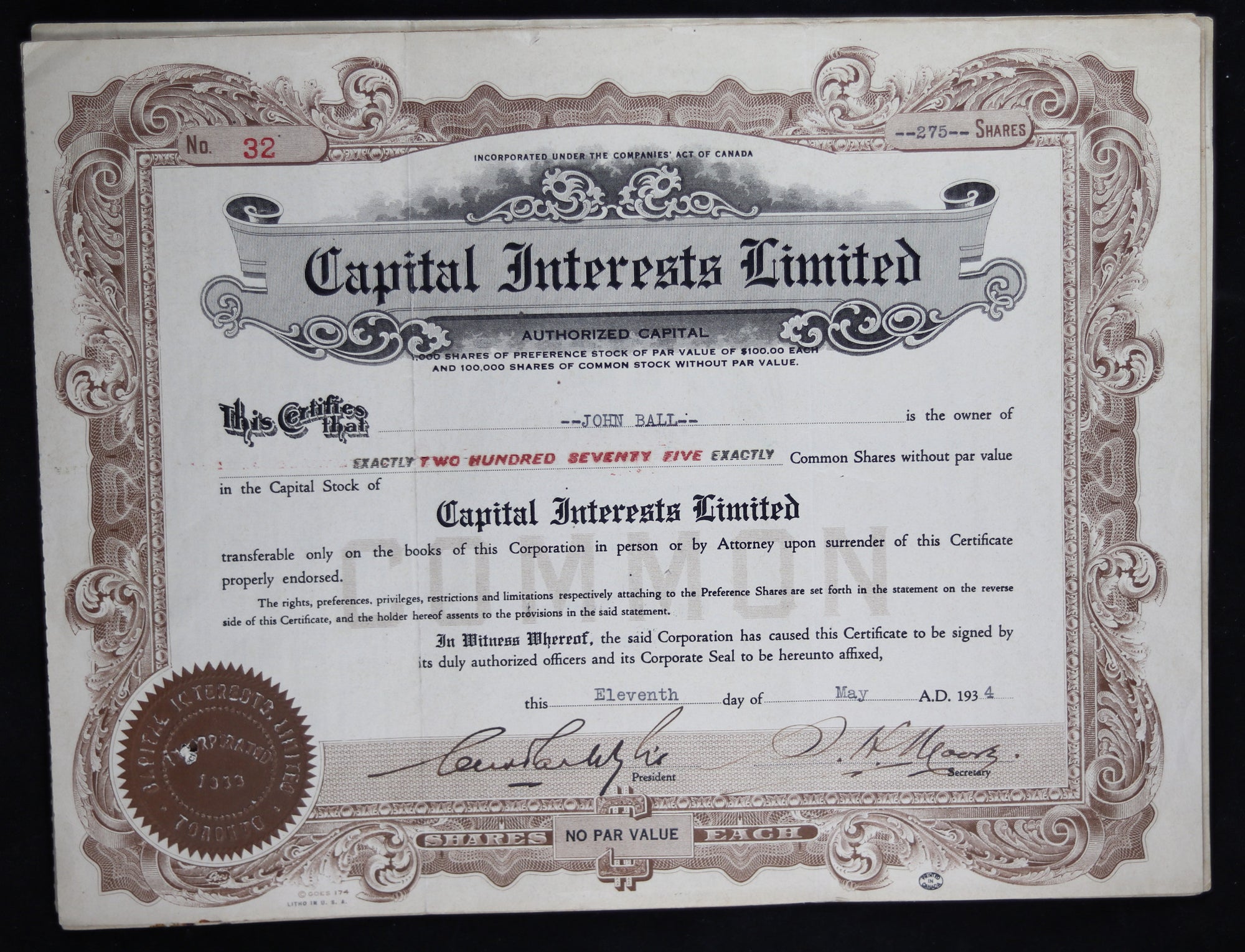 Three stock certificates ‘Capital Interest Limited’ 1934,36