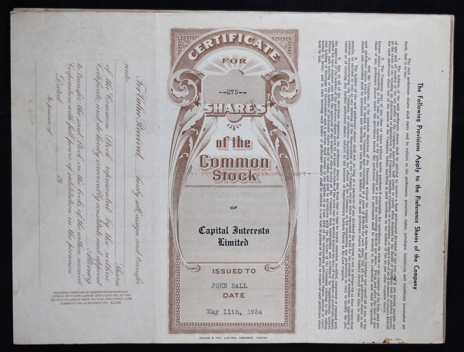 Three stock certificates ‘Capital Interest Limited’ 1934,36