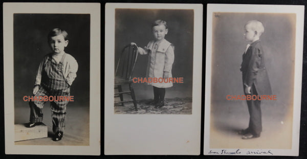 Three studio photo postcards of young boys in finest suits c. 1910