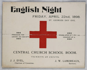 Ticket for English Night (St Georges Eve) event 1898 - Hamilton Ontario area