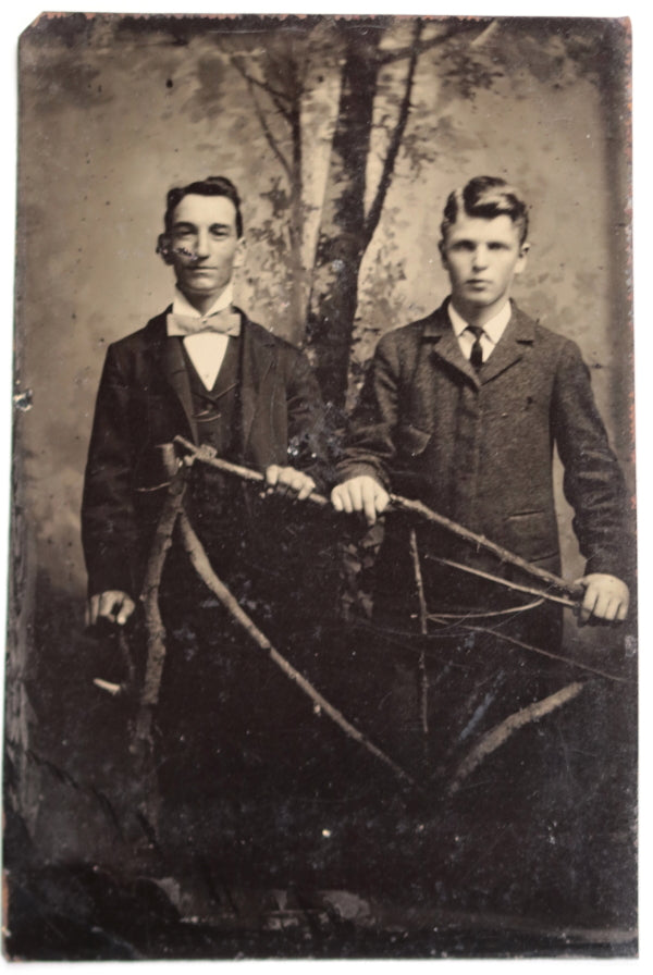 Tintype photo of 2 young gentlemen in 'forest' setting (1860s-1870s)
