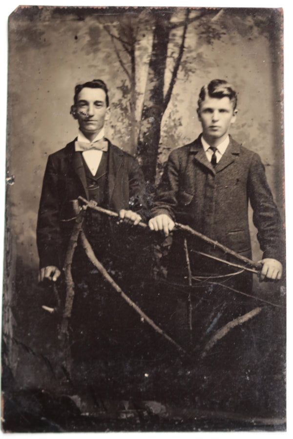 Tintype photo of 2 young gentlemen in 'forest' setting (1860s-1870s) Tintype photo of 2 young gentlemen in 'forest' setting (1860s-1870s)