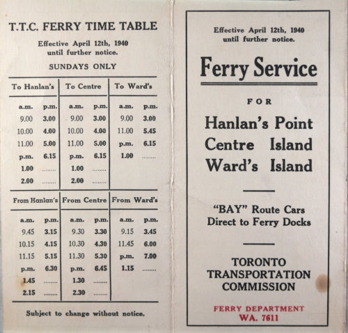 Toronto TTC Ferry Schedule to Islands (1940)
