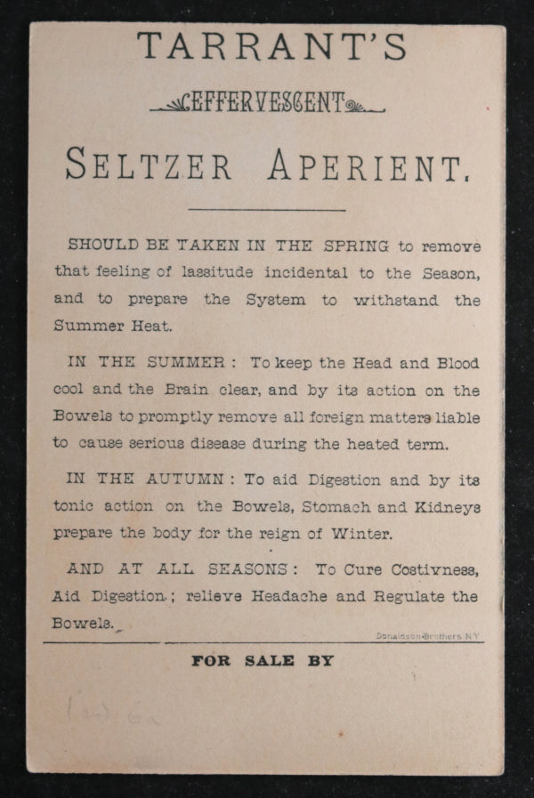 Trade card for Tarrant's Seltzer Aperient (USA) c. 1890