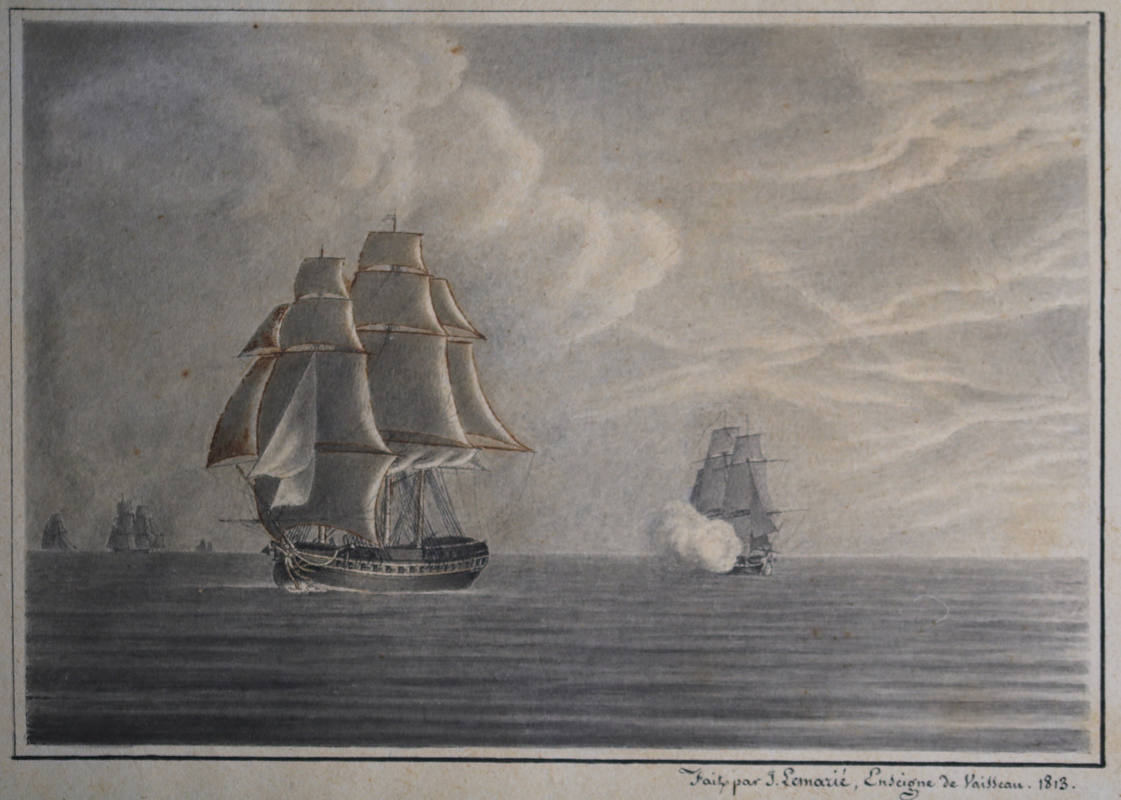 Trois dessin batailles navals par Jacques-Nicolas Lemarié @1813