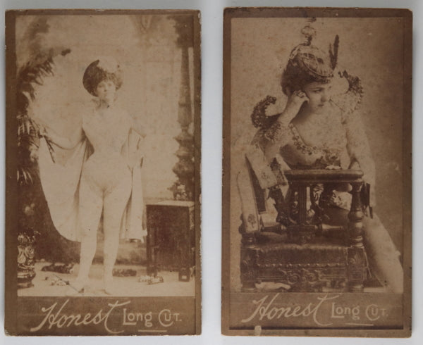 Two Cigarette cards ‘Honest Long Cut’ Actresses, Duke & Sons c. 1890