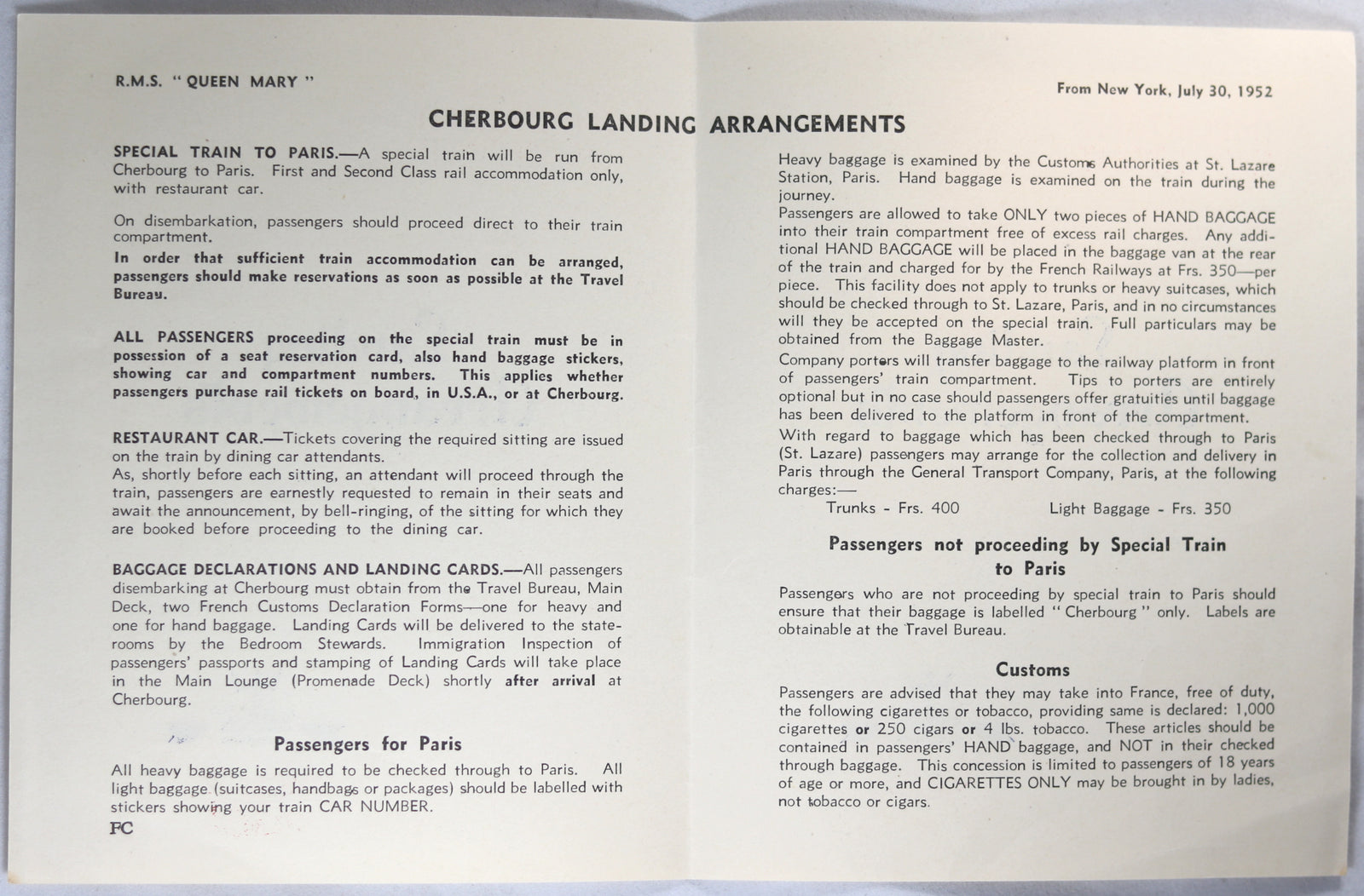 Two R.M.S. Queen Mary items 1952