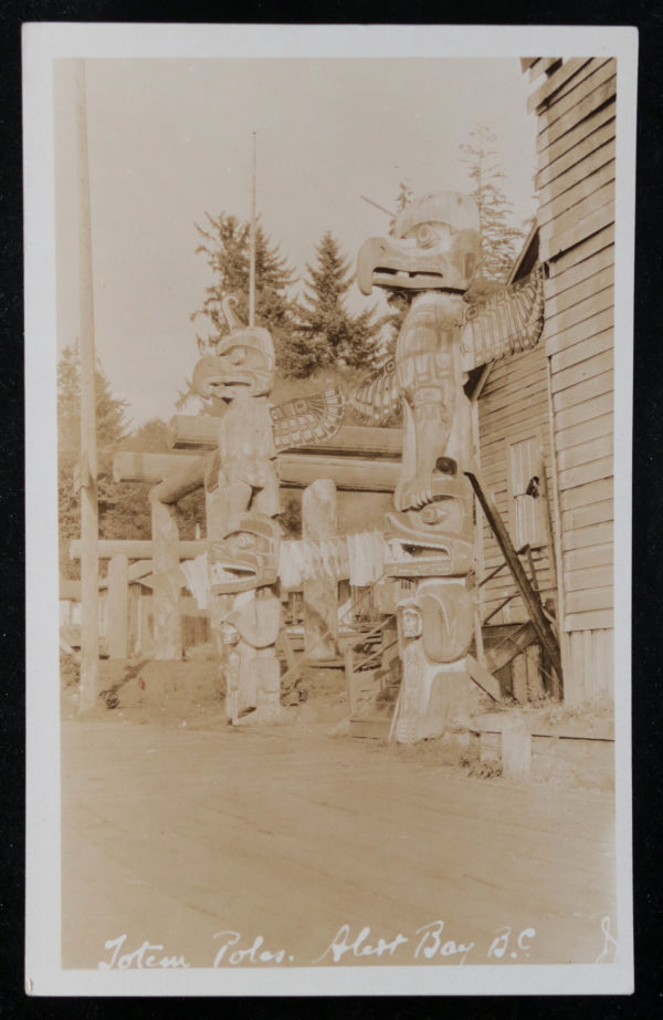 Two photo postcards, aboriginal totem carvings Alert Bay B.C.  c. 1930