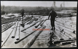 Two photos log drivers riding logs downriver, Foleyet Ontario c.1930