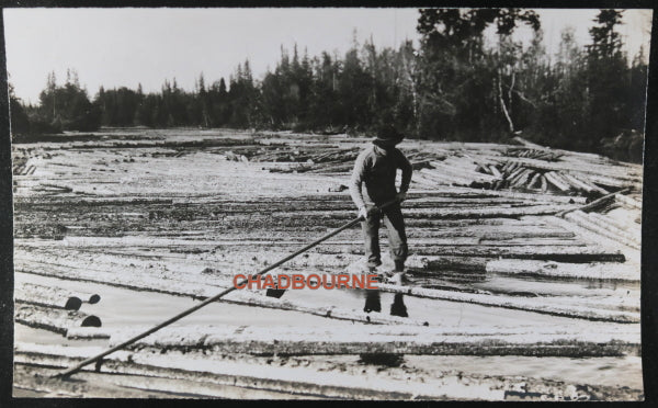 Two photos log drivers riding logs downriver, Foleyet Ontario c.1930 ...