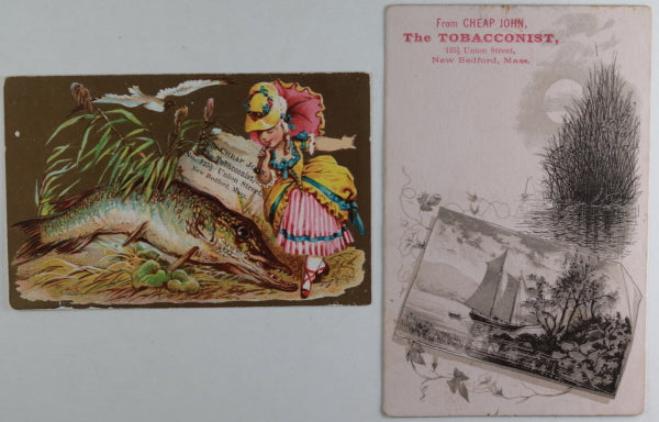 Two advertising trade cards Cheap John’s tobacco New Bedford MA (19th)