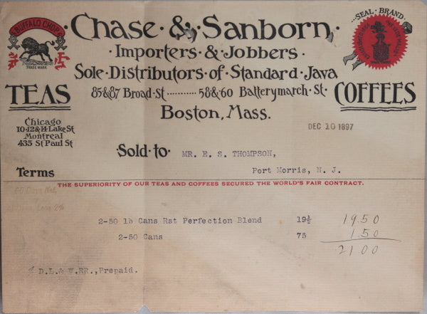 Two invoices from Chase & Sandborn Importers, Boston MA (1897/1903)