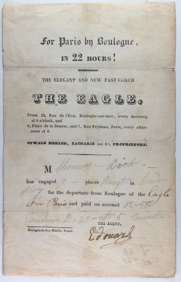 UK c. 1830s  purchase ticket for Eagle, fast coach from London to Paris