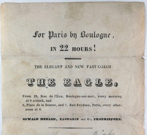 UK c. 1830s  purchase ticket for Eagle, fast coach from London to Paris