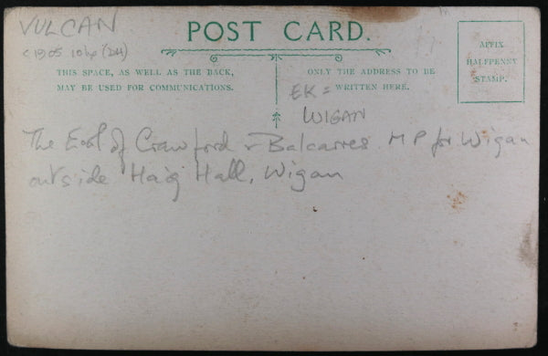 UK photo postcard Earl of Crawford’s Vulcan Motor automobile c. 1905