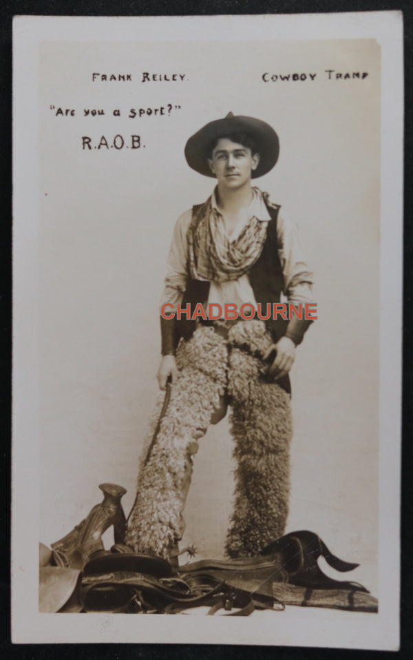 UK photo postcard Frank Reiley ‘Cowboy Tramp’ R.A.O.B. c. 1910s