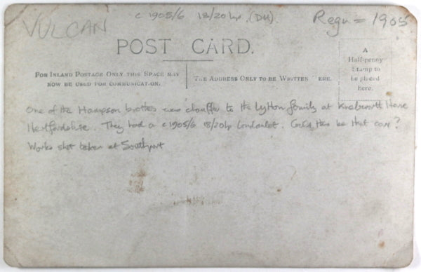 UK photo postcard Lytton family’s Vulcan Motor automobile c. 1906,