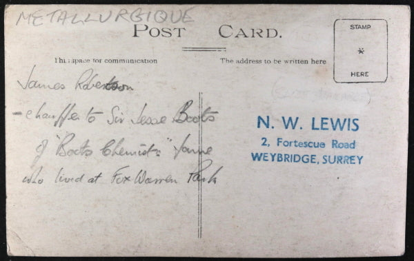 UK photo postcard chauffeur Sir Jesse Boots’ Métallurgique automobile 
