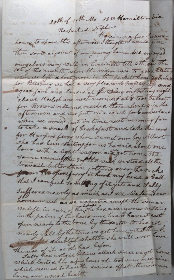USA 1850 Hamilton Ohio letter about trip and local events (farm accident)