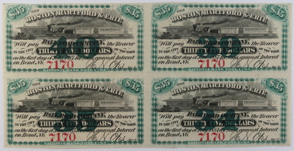 USA 1860s 4 interest coupons for Hartford, Boston & Erie Railroad Co.