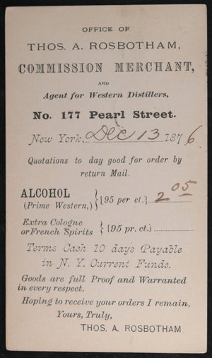 USA 1876 postal card, pricing from Western Distillers NYC