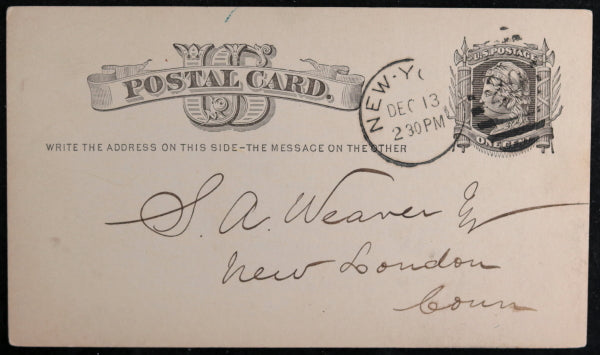 USA 1876 postal card, pricing from Western Distillers NYC