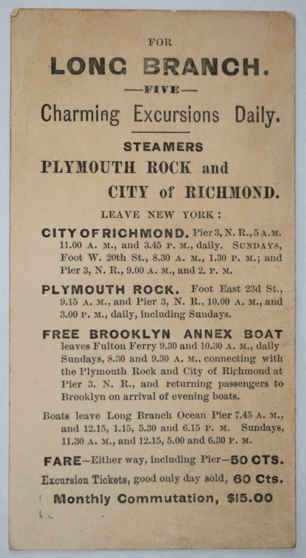 USA NYC trade card for Long Branch Steamers late 1800s