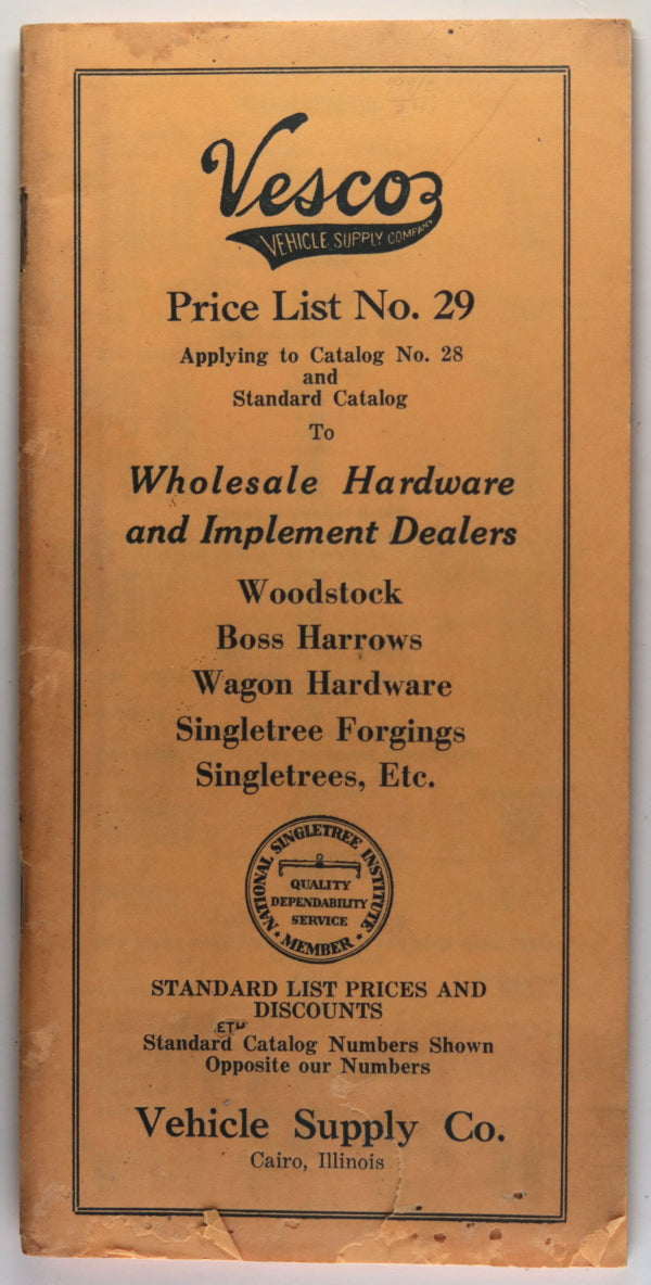 USA Vesco price list No. 29 for farm implements Cairo Illinois
