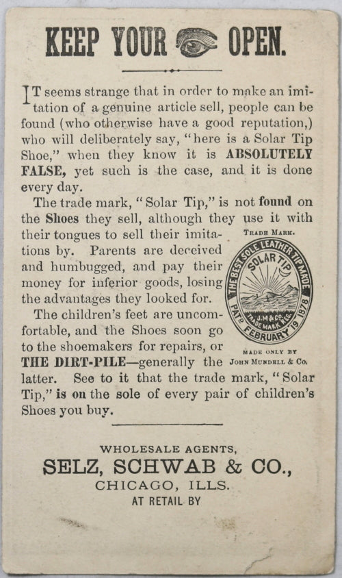 USA advertising card for Mundell's Solar Tip Shoes, late 1800s