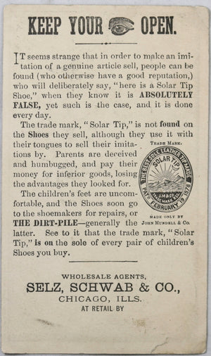 USA advertising card for Mundell's Solar Tip Shoes, late 1800s