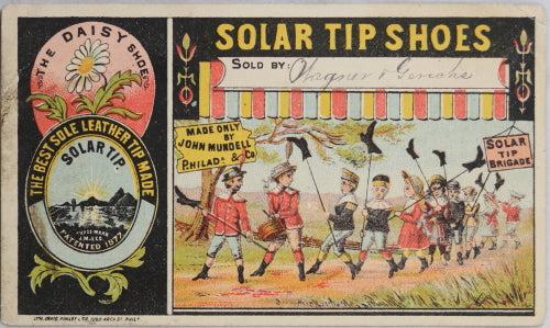 USA advertising card for Mundell's Solar Tip Shoes, late 1800s