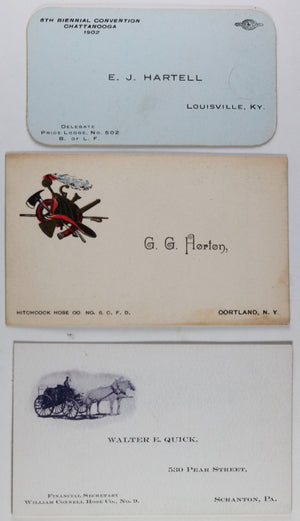 USA three early 1900s Fire related business cards (NY, PA, KY)