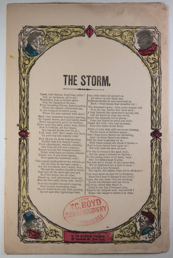 USA broadside maritime ballad 'THE STORM' c. 1860
