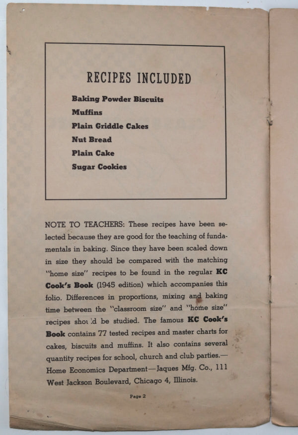 USA c.1945 Jaques’ KC Baking Powder ‘Classroom Recipes’ pamphlet